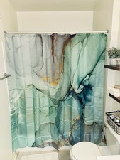 NEW Shower Curtain, Abstract Marble Blue Green Teal Geometric Gold Long