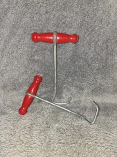 Vintage Pair Of Red Wood Handled Boot Strap Hooks