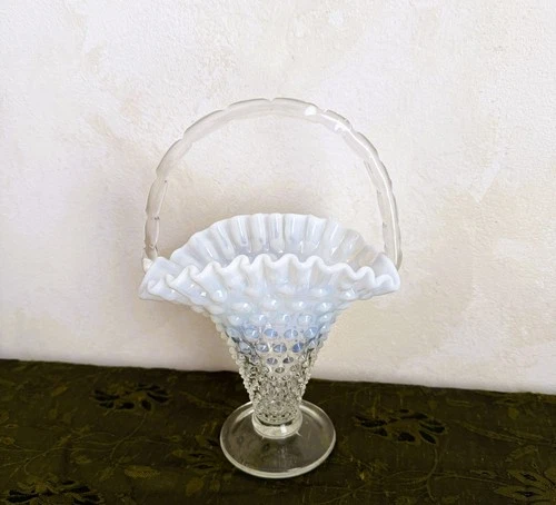 Vintage Fenton French Opalescent Hobnail Glass Basket Ruffled Edge Handle 9"