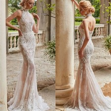 Lace Mermaid Wedding Dresses Hgih Neck Sleeveless Backless Applique Bridal Gowns