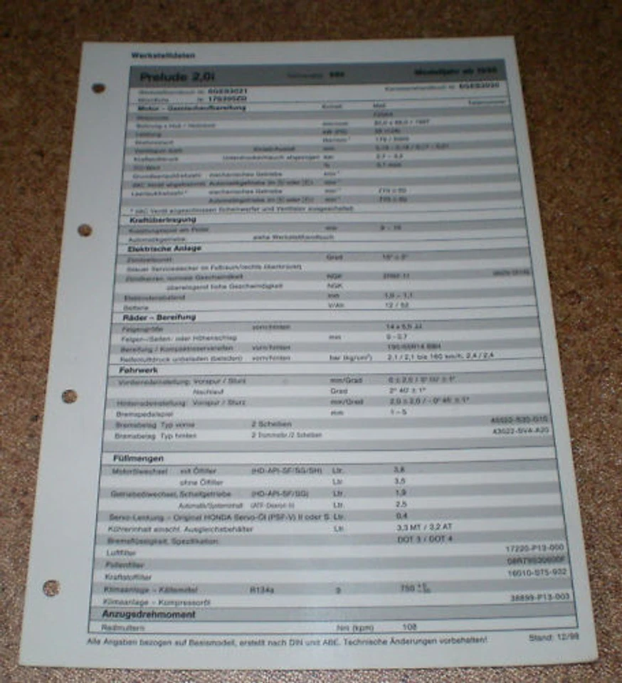 Feuille D'Inspection Honda Prelude 2,0I À Partir De 1999! - Photo 1/1