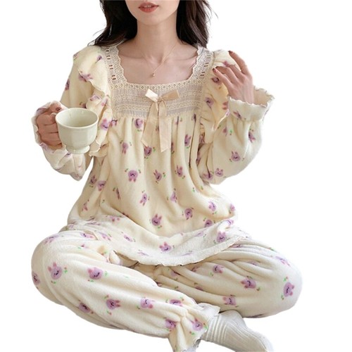 Winter Warm Women Flannel Pajamas Set lace Trim Frill Square Neck Top and Pants - Picture 20 of 28