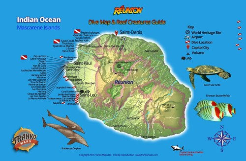 Reunion Island Map & Coral Reef Creatures Guide Franko Maps Fish Card - Foto 1 di 2