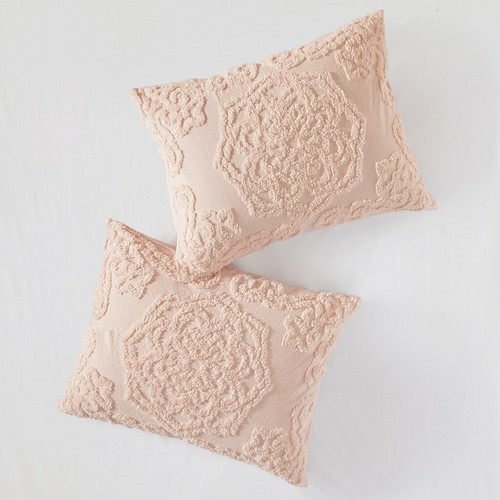 BLUSH PINK CHENILLE 3p Queen COVERLET SET : VINTAGE STYLE COTTON FRINGE - Picture 8 of 9