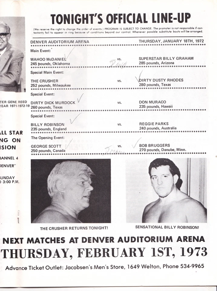 Tarjeta de partido del programa de lucha libre AWA Ivan Koloff 1973 Denver Auditorium años 70 vintage Foto 3 de 4