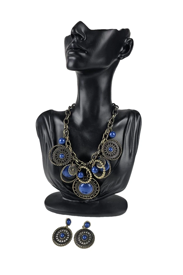 Pendientes Collar Hippie Premier Designs Azul Índigo Latón Antiguo Grueso Dije Foto 2 de 4