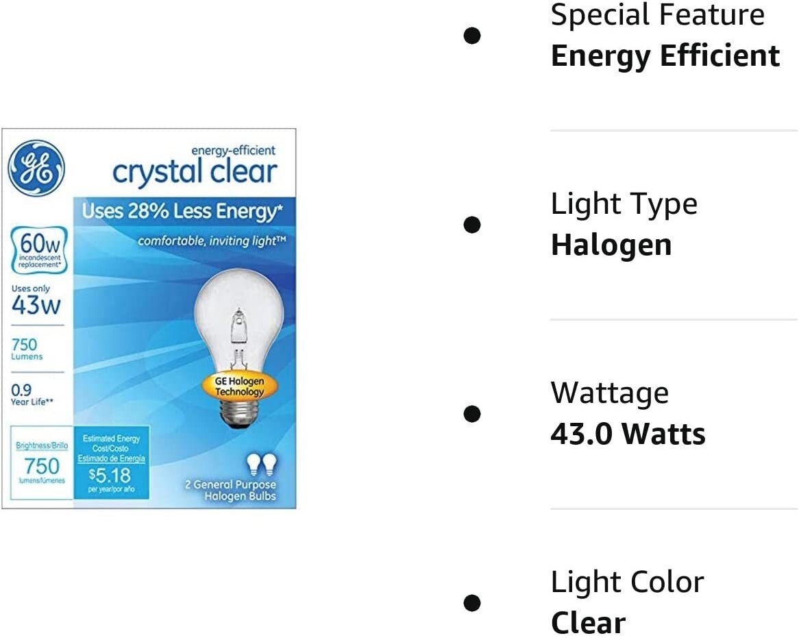 (8 BULBS) GE 43Watt = 60 Watt Output Crystal Clear A19 HALLOGEN Light Bulbs