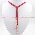 4mm Round Red Coral & Natural 8-9mm Freshwater Pearl Beads Long Necklace 50'