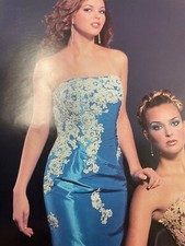 Teal Prom Dress Gown by Precious Formals Strapless Beaded Lace Appliqu  size 2