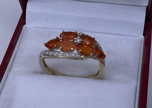 Hallmarked HM QVC 9ct 9k Yellow Gold Oval Fire Opal Diamond Band Ring Size M - Picture 9 of 12