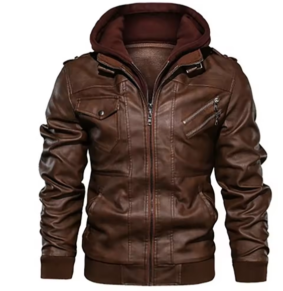 Slim-Fit Hooded Leather Motorcycle Jacket with Zipper-image