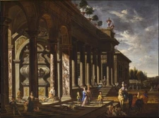oil painting "  An architectural capriccio with figures before a loggia"