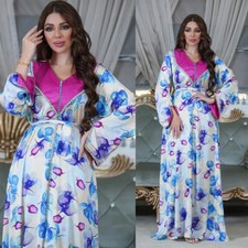 Flower Print Kaftan Abaya Dubai Women Long Dress Evening Muslim Robe Prom Gown