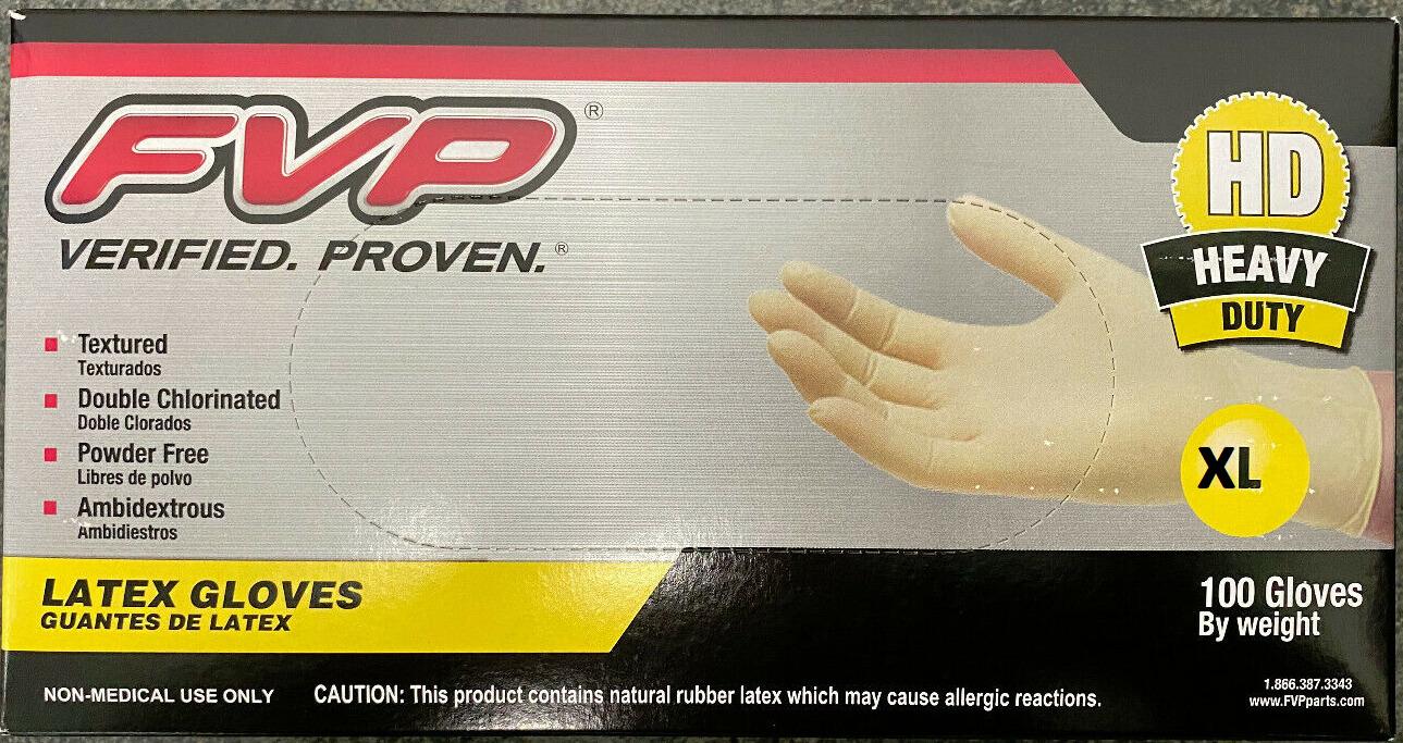 FVP "HEAVY DUTY" Latex Gloves X-LARGE Textured Powder Free Box of 100 HD