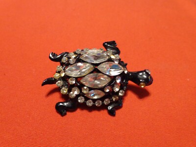 Antique Rhinestone Turtle Brooch - Crystal & Black Rhinestone Turtle Pin For Jackets, Hats, Bags