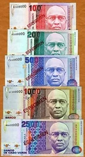  SPECIMEN SET, Cape Verde, 100;200;500;1000;2500 1989 P-57s-58s-59s-60s-61s UNC 