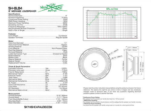 Sky High Car Audio SH-BL84 8" 4 ohm Midrange Loudspeaker - Picture 3 of 3