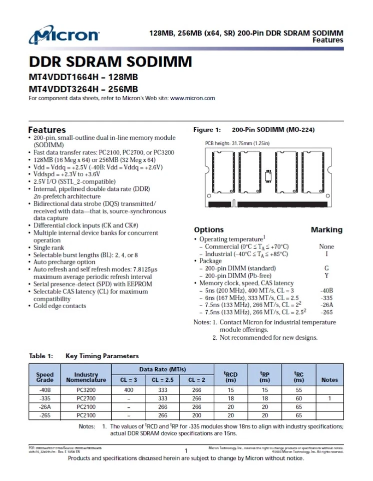 MICRON MT4VDDT1664HY-335K1 128MB 200-Pin CL2.5 DDR333 (PC2700) SODIMM *NEW* - Image 4 of 4