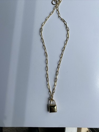 Vintage Gold Toned Lock Pendant Charm Paperclip Chain - Picture 7 of 8