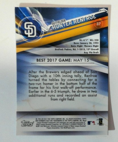 2017 Bowman's Best #37 Hunter Renfroe Refractor San Diego Padres RC Baseball - Picture 2 of 2