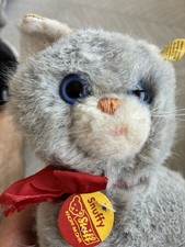 Steiff Snuffy Gray White Cat Plush Red Ribbon Yellow Ear Tag 3521/17 1977
