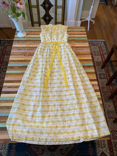 Vintage Dress XS Yellow Ditsy Floral Maximalist Maxi Brady Bunch S 1970s Retro - Picture 12 of 19