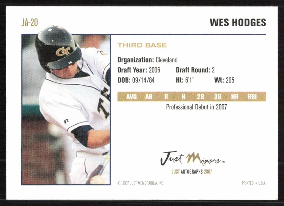 2007 Just Autographs Wes Hodges Auto Cleveland Indians #JA-20 To JD Card Signed - Image 2 of 2