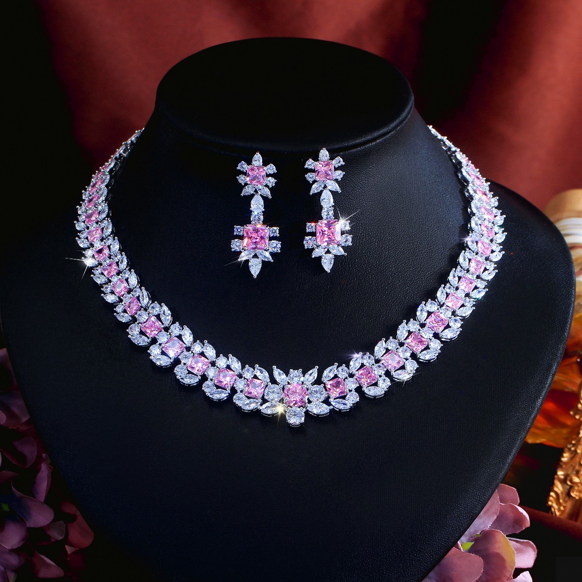 Silver Plated Pink Zircon Leaf Tennis Necklace Earrings Women Bridal Jewelry Set