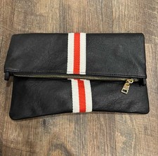 Preppy Stripe Fold Over Clutch Purse - Black with Red and White Canvas Stripe