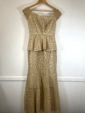 Vintage Gold Organza Patterned Long Peplum Evening Dress Approx Size UK 10