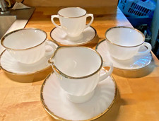 Vintage Fire King Milk Glass Tea Set Gold Trim Cups Saucers Creamer