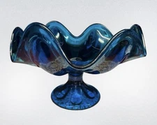 Viking Epic Blue Bluenique 6 Petal Vintage Compote Pedestal Bowl 9” X 5.75”Glass
