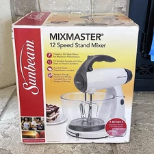 New Sunbeam 2371 Mixmaster 12-Speed Stand Mixer + 2 Bowls & Beaters Whisks Hooks
