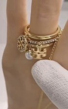Tory Burch Authentic S7 Pavé Pearl Stacking Rings Set of 3 Luxury Gold Tone NEW