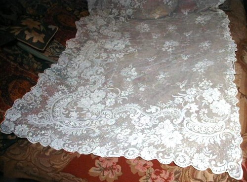 Antique 1930's EXTRA LONG Lace Curtain 113" x 48" Cotton Florals Scrolls White