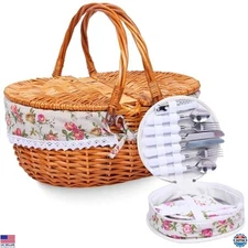 Wicker Picnic Basket Set for 4, Lid & Handle, Washable Lining, Cutlery Included