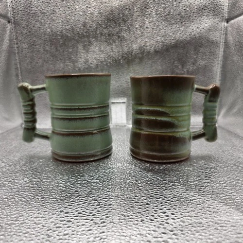 Vintage FRANKOMA C3 Pottery Mugs MCM Prairie Green Plainsman Set Of 2