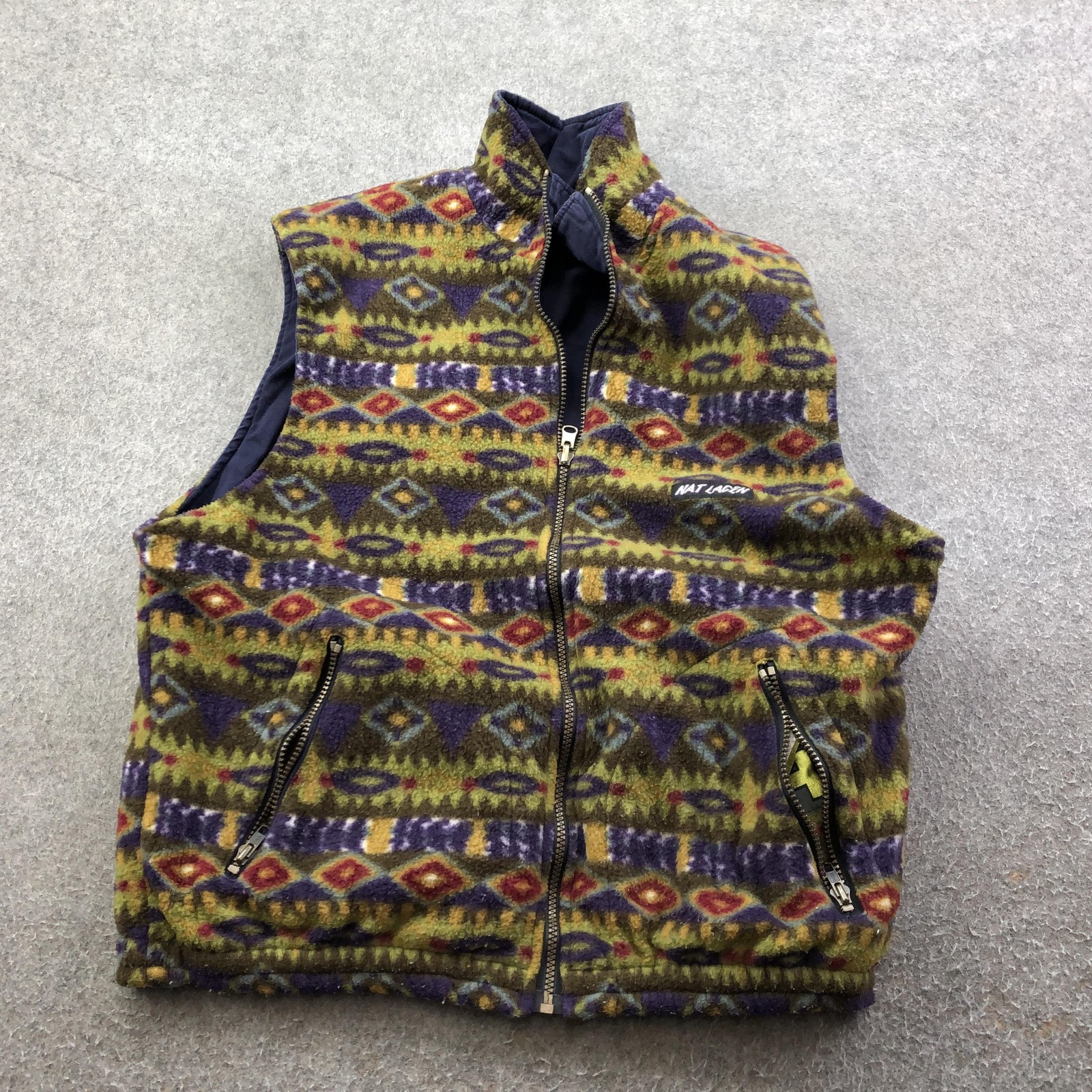 Vintage Nat Lacen Vest Mens Large Multicolor Fleece Reversible Full Zip Aztec