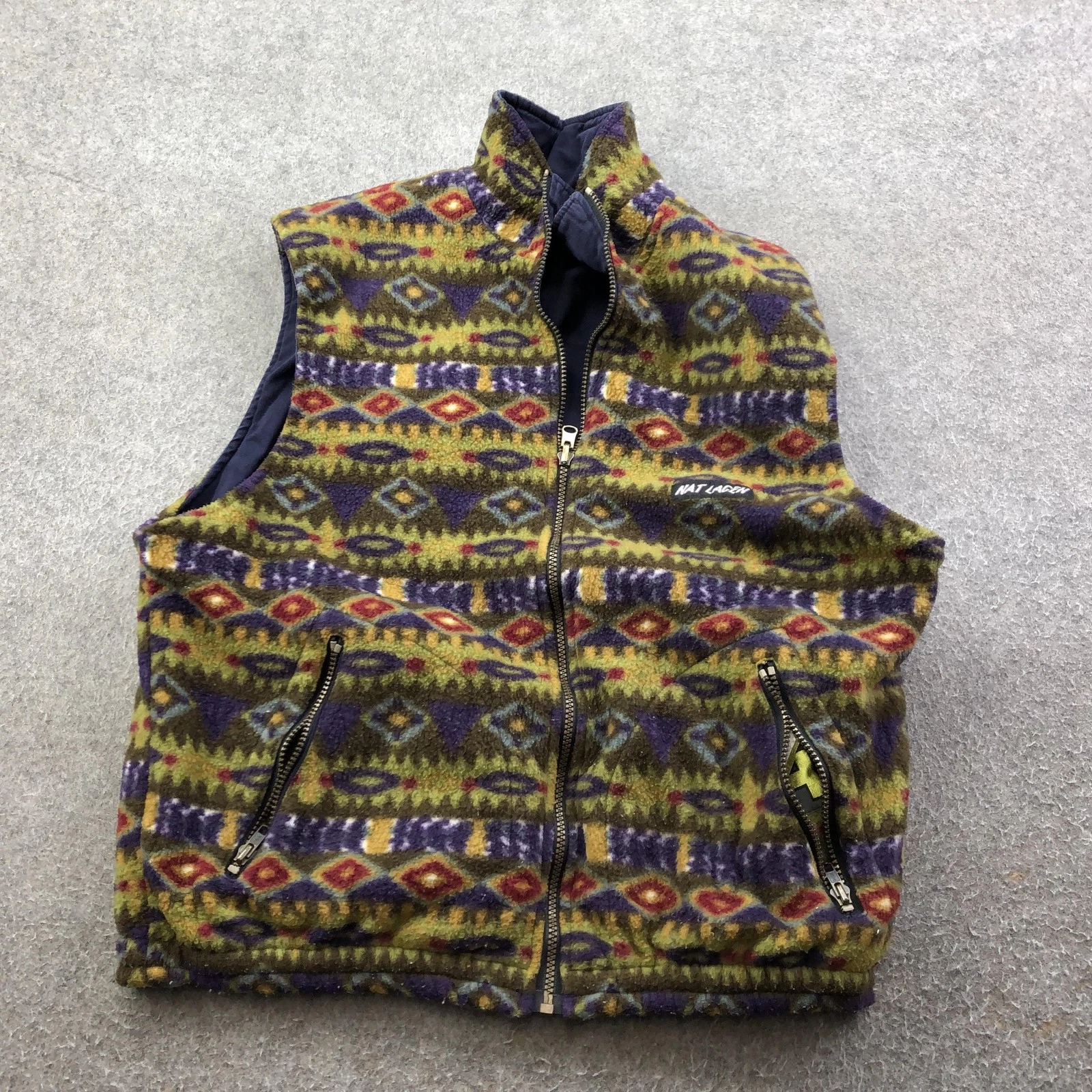Vintage Nat Lacen Vest Mens Large Multicolor Fleece Reversible Full Zip Aztec