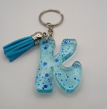 Handmade Blue Glitter Resin Letter K Initial Keychain Women Tassel Accessories