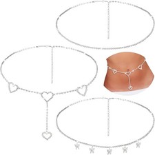 3 Pieces Rhinestone Waist Belly Chain for Women Diamond Butterfly Waist...