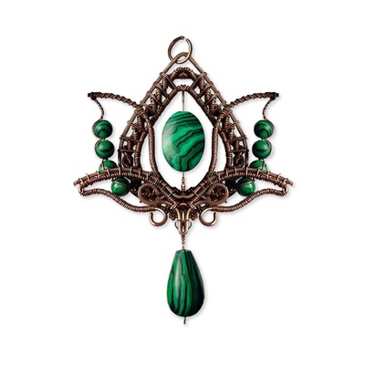Filofly Handmade Malachite Lotus Pendant Copper Rose Silver Wire Weaving and Wra
