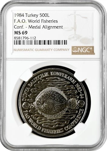 Turkey 500 lira 1984, NGC MS69, "F.A.O. - World Fisheries Conference" Cu-Ni Top