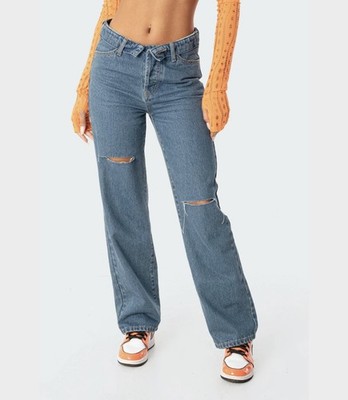 Edikted Women s Raquel Foldover Ripped Jeans Size L NWT