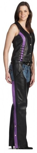 NEW Womens PREMIUM LEATHER BLACK PURPLE STRIPE MOTORCYCLE CHAPS MEDIUM Closeout - Picture 2 of 2