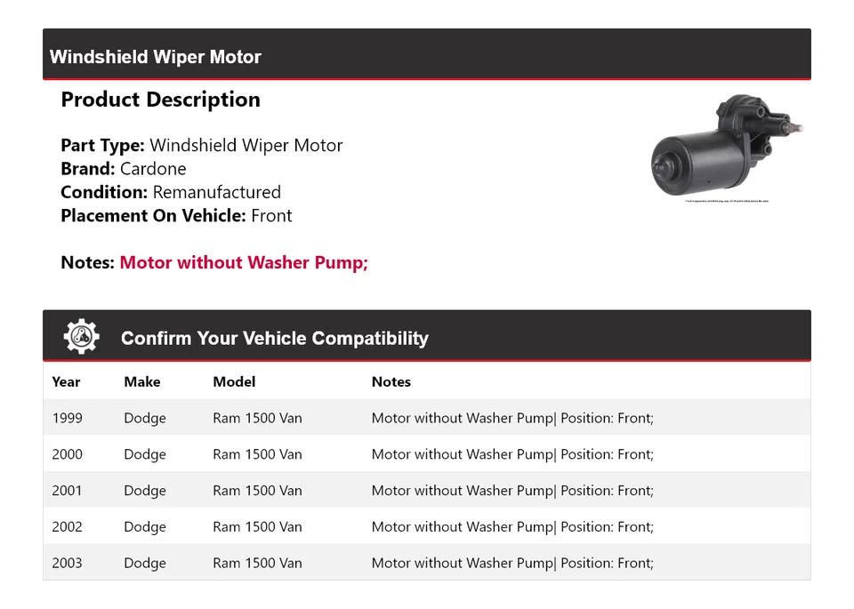 Para Dodge Ram 1500 1999-2003 Van Limpiaparabrisas Motor Delantero Cardone 2000 2001 Foto 2 de 4