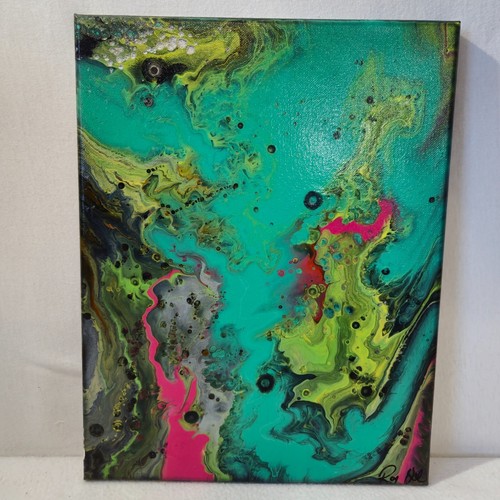 Original Abstract Acrylic Painting Canvas Teal Pink Black Yellow Signed