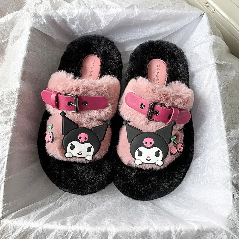 Kuromi Plush Slippers Women Fashion Furry Slippers Indoor Outdoor