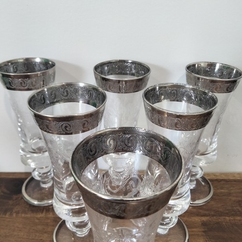 Vtg Murano Hand Blown Etched Glass Champagne Flute x 6 Silver Platinum Rim Italy - Picture 5 of 16