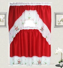 3-Piece Decorative Christmas Design Embroidered Kitchen Curtain Red Santa Star
